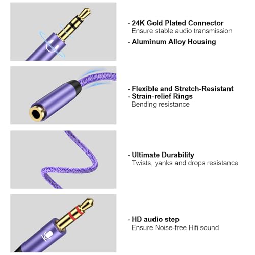 Headset and Microphone Splitter Cable for PC, Braided 3.5mm Female to 2 Dual 3.5mm Male Mic Audio Y Splitter Cable Cord Jack Headphones Audio Adapter Convertors for Smartphone Gaming Computer Laptops