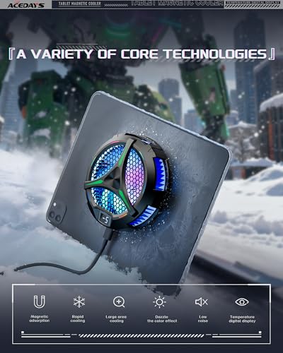 ACEDAYS iPad Cooler,Magnetic Tablet Cooler for ipad/Surface pro/Samsung Tab,iPad Cooing Fan with Temperature Display for Mobile Gaming,Tiktok Live Streaming (Green Mech+3 pcs Magnetic Suction Sheet)