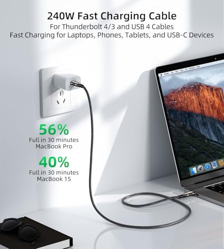 USB 4 Cable 6.6ft, USB-C to USB-C 240W Fast Charging 40Gbps Data Transfer 8K/4K@60Hz Video Output Cable for Thunderbolt 3/4 for MacBook iPhone15/16 Samsung Galaxy USB C Phone Tablet Laptop - color: Grey