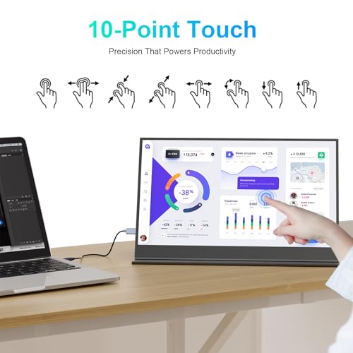 UFYQL 10-Point Touch Portable Monitor, 15.6" 1080P FHD IPS Screen, Aluminum Alloy Body with Smart Protective Cover, Dual USB-C & Mini HDMI Ports, VESA Mount Holes, for Laptop, PC,Phone