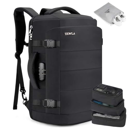 Tzowla 40L Expandable Travel Laptop Backpack for Men Women Carry on Flight Approved,Large Capacity Anti Theft Backpacks with Giant Tumbler Holder Pocket,Personal Item Bag Fit 17.3" Computer（Black - color: Black(backpack With 3 Packing Cubes)