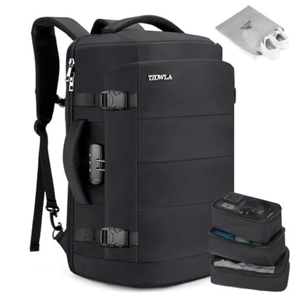 Tzowla 40L Expandable Travel Laptop Backpack for Men Women Carry on Flight Approved,Large Capacity Anti Theft Backpacks with Giant Tumbler Holder Pocket,Personal Item Bag Fit 17.3" Computer（Black - color: Black(backpack With 3 Packing Cubes)