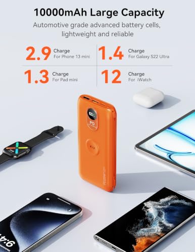 Portable Charger 10000mAh 20W, Wall Plug, 2 Cables, iWatch Charging | Digital Display, Compact Lightweight, USB C Fast Charge, USB-A 18W, Multi Protection, Travel Essential, for iPhone 17 16, Pad - color: Vitality Orange