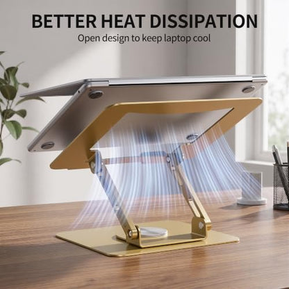 SOUNDANCE 360 Rotating Laptop Stand, Ergonomic Computer Riser for Desk, Adjustable Height Multi-Angle Metal Holder, Foldable Portable Notebook Elevating Base for Office & Home, Gold - color: Gold