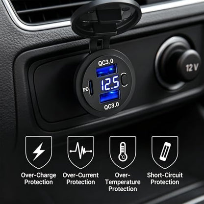 72W Dual USB Quick Charge 3.0 & PD USB C Car Charger Socket, 12V/24V USB Outlet with LED Voltmeter, Power Switch, 4X Faster Charging, Multi-Protection, Universal for Car, Boat, Truck & RV(Blue) - color: blue