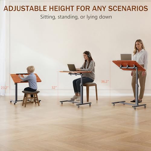 Laptop Table Mobile Adjustable Height Portable Desk Notebook Swivel PC Computer Rolling Desk with Wheels, Laptop Stand for Couch Bedside Hospital Bed Table(Red Walnut)