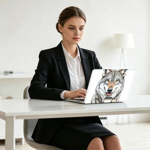 Universal Laptop Skin Decal, 3-Piece Vinyl Protector for 12 13 14 15.6" Notebook, Waterproof Anti-Scratch, Easy Trim & Bubble-Free Finish, Smiling Wolf Holding Coffee - color: Smiling Wolf Holding Coffee