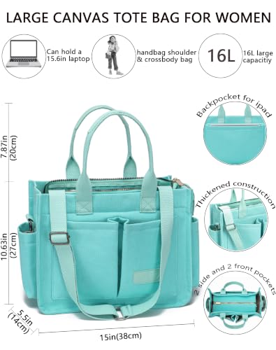 Canvas Tote Bag for Women,Women's Bags Crossbody Bags Work Laptop Tote Bag Large Handbags Purse for Travel Nurse Teacher - color: New Upgrade Plus Green With Compartments and Inner Cup Holder