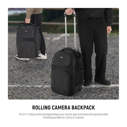 Neewer 2 in 1 Camera Roller Bag with Detachable Shockproof Dividers Retractable Handle Waistband Rain Cover Water Resistant Robust Carry On Backpack for Camera Tripod Flash Lens Laptop, Black, PB027 - style: Pb027