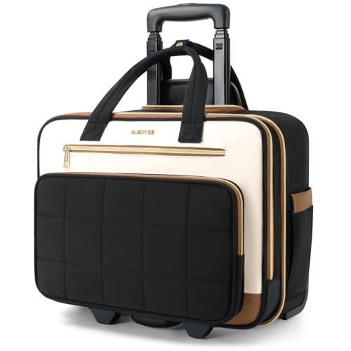 Rolling Puffer Laptop Bag, Rolling Briefcase for Women, Wheeled 16 Inch Computer Bag, Water Resistant Stylish Overnight Underseat Carry On Luggage with Wheels for Work Travel Business,Beige Brown - color: Saffiano Beige Brown
