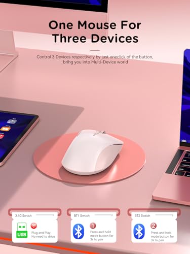 RAPIQUE Bluetooth Wireless Mouse, Dual Bluetooth & 2.4G USB Receiver, Pink | Right-Hand Ergonomic Grip, Quiet Clicks, Low Power - Multi-Device Compatibility for MacBook, Laptop, Computer, iPad Air/Pro - color: Pink