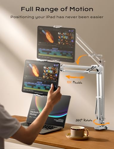 LISEN Tablet Stand iPad Stand for Desk Mount [Ultra Sturdy 2 Clamps] Kindle iPad Holder for Bed Gooseneck Phone Tablet Holder Mount fits iPhone Kindle 4-13" Device (White) - color: White