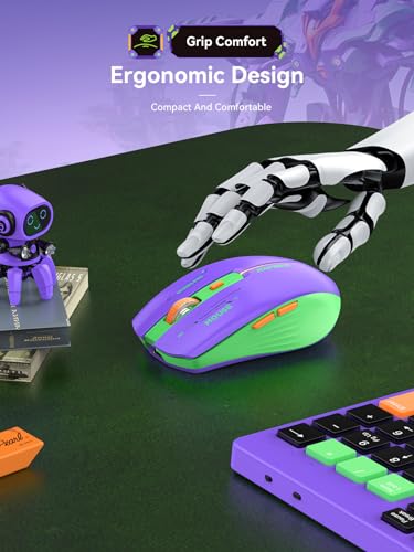 RAPIQUE Bluetooth Wireless Mouse - (BT1/BT2+USB Receiver) Dual Mode, Rechargeable, Quiet Click, Multi-Device Compatibility for Laptop, Computer, MacBook, Tablet (Purple and Green) - color: Purple and Green