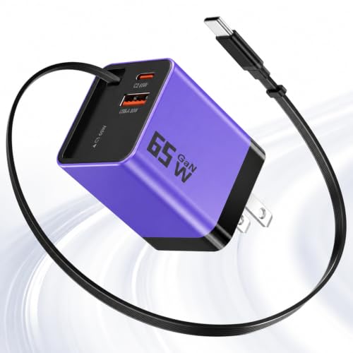 65W GaN USB C Charger with Retractable Charging Cable | travel charger for MacBook, iPhone 17 16 15, Samsung Galaxy S24, iPad, 3 in 1 wall charging block,Purple - color: Purple