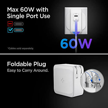 Spigen 70W Dual USB-C Wall Charger, GaN II | Fast Charging 60W Single Port PD, for MacBook Pro/Air, iPad, Dell XPS, iPhone - White