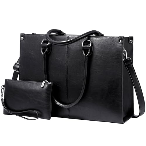 LOVEVOOK Laptop Tote Bag for Women, 17.3 Inch Professional Work Bag with Matching Clutch, Waterproof Vintage Leather Computer Tote for Office, Business Travel & Daily Use, Gift for Women - color: Black, size: 17.3 inch