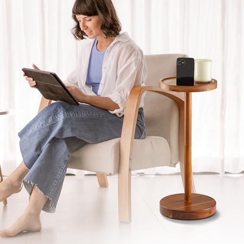BLUEWEST 22 Inch Tall Drink Table with Phone Slot and Weighted Base, Acacia | Compact, Durable Pedestal Table for Living Rooms, Bedrooms or Offices, Designed for Cocktails, Martinis and Everyday Drinks. - color: Acacia