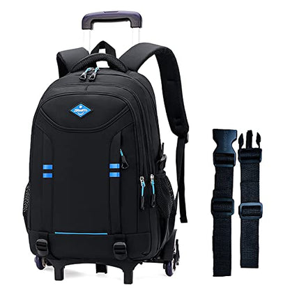 Rolling Backpack for Boys Elementary School Bag with Wheels Travel Trolley Bag 2 wheels and 6 wheels - color: Black/Blue 6 Wheels, size: 6 wheels
