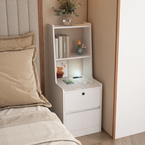 Modern Smart Nightstand with Night Light & Charging Station, Night Stand with Bookshelf, Lockable Bedside Cabinet Tables with 2 Storage Drawers for Bedroom Home Office - color: White