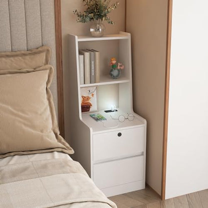 Modern Smart Nightstand with Night Light & Charging Station, Night Stand with Bookshelf, Lockable Bedside Cabinet Tables with 2 Storage Drawers for Bedroom Home Office - color: White