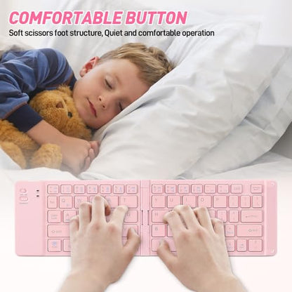 Mini Rechargeable Foldable Bluetooth Keyboard and Mouse Combo, Portable (Sync Up to 3 Devices), Ultra-Slim Travel Folding Keyboard for iPhone iPad Mac Android Windows iOS（Pink） - color: pink
