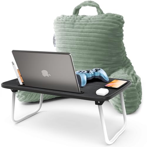 Nestl Sage Green Reading Pillow with Bed Desk for Laptop and Writing, Luxe Cut Plush Back Pillow for Sitting Up, Back and Arms Adjustable Support for Kids and Teens, Foldable Lap Desk for Bed 19x11” - color: 03- Sage Green, size: Small 14"