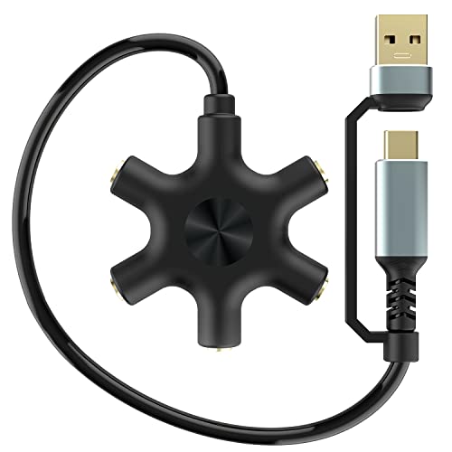 HIEbee USB A/C to Headphone Splitter, 5-Jack 3.5 mm Audio Headphone Stereo Audio Headset Adapter, Audio Earbuds Earphones Plug 5 Way 1 Male to 4 Female Splitter with 3.5mm Stereo Cable