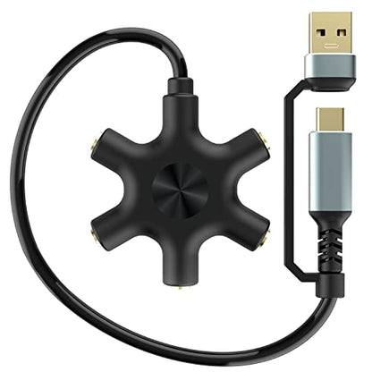 HIEbee USB A/C to Headphone Splitter, 5-Jack 3.5 mm Audio Headphone Stereo Audio Headset Adapter, Audio Earbuds Earphones Plug 5 Way 1 Male to 4 Female Splitter with 3.5mm Stereo Cable