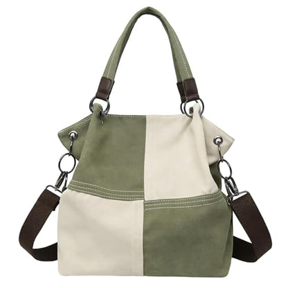 Women's Canvas Color Block Tote Bag Convertible Crossbody Hobo Handbag Lightweight Shoulder Bag for Daily Travel Work - color: Dark Green