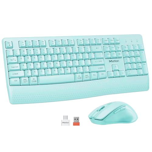 MEETION Wireless Keyboard and Mouse Combo, Full-Size with Wrist Rest, Blue | 2.4GHz USB receiver, 3 adjustable DPI mouse, comfortable typing, compatible with Windows, Mac, PCs and laptops - color: Blue