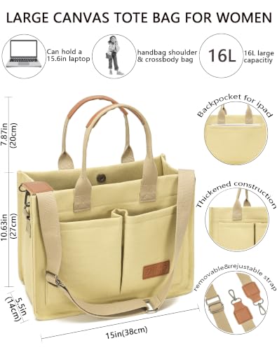 Canvas Tote Bag for Women,Women's Bags Crossbody Bags Work Laptop Tote Bag Large Handbags Purse for Travel Nurse Teacher - color: Canvs Cute Khaki With Compartments