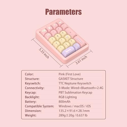 Wireless Number Pad Keyboard Mechanical Numpad Numeric Keypad for Laptop | Bluetooth Creamy 10 Key RGB Portable Cute Financial Accounting Rechargeable for Windows, PC, BT5.0/2.4G, Pink S21 - color: Pink