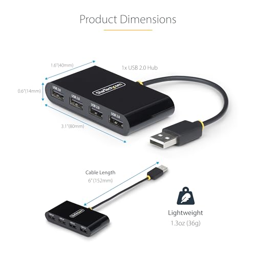 StarTech 4-Port USB 2.0 Hub with 6in/15cm Cable (ST4200MINI2-USB-HUB) | 480Mbps, USB Powered, Multi-port USB 2.0 splitter, Small travel mini hub, Portable, Hot-swap, Overcurrent protection