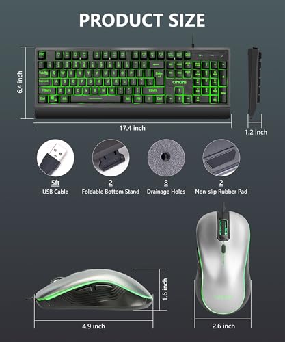 USB Wired Keyboard and Mouse Combo with Backlit, Large Print for Computer | Red/Green/Yellow Light Up, Silent, Multimedia Keys, Number Pad, 4 Levels DPI RGB Mouse for PC PS5 Office, Elderly Low Vision