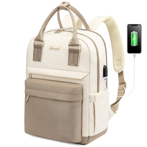 LOVEVOOK Backpack purse for Women, 14 Inch Laptop backpack with USB Port, Cute Waterproof Backpacks Stylish Travel Bags Vintage Daypacks Bookbag for College School Work - color: Khaki & Beige(separate Laptop Compartment), size: 14 Inch