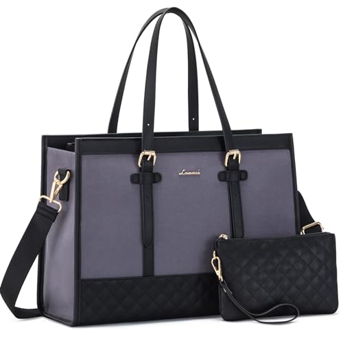 LOVEVOOK Laptop Bag for Women, 15.6 Inch Computer Tote Bags Purse for Work | Canvas, with Long Shoulder Strap&Clutch Purse, Handbag, Casual Stylish Tote Bag for Work Office Travel College Teacher School - color: Grey, size: 15.6 inch
