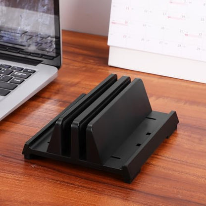 Laptop Vertical Stand Adjustable Laptop Holder with Dual Slots Padded Nonslip Storage Stand for Tablet Phone and Workspace Desk Organizer for Home Office