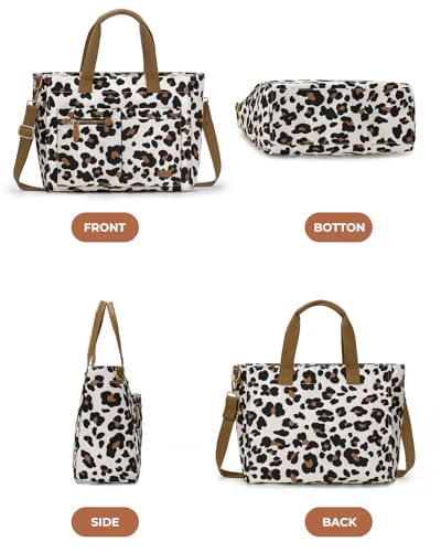 Tuwubi Canvas Tote Bag for Women, Large Tote Bag with Zipper & Compartments for Travel Work College Teacher Nurse - color: Leopard Print