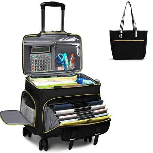 RUCYEN Rolling Teacher Tote Bag for Women Men,Large Laptop Bag With Detachable Wheels Trolley,15.6 Inch Laptop Wheeled Teacher Bag for Work Office Nursing(With a Tote Bag) - color: Golden Black+1 tote bag