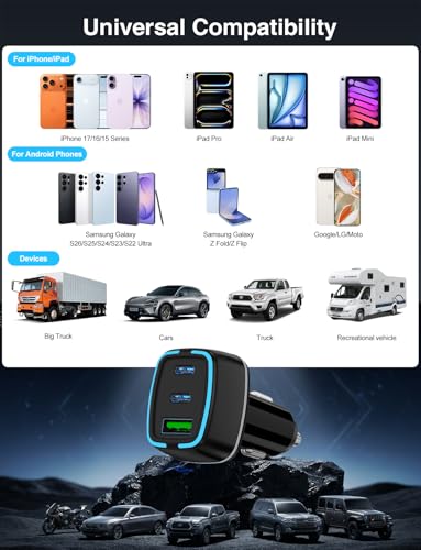 75W USB C Car Charger, 3-Port Super Fast Charging Cigarette Lighte | PD/QC 3.0 Car Cigarette Lighter Adapter for iPhone17/16/15 Pro Max & Samsung Galaxy S26/S25, with 4Pack 3/6.6FT Type-C Cables