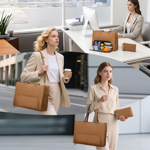 Keyli 3pcs Laptop Bag for Women 15.6 inch and Lunch Tote Bag for Women with Insulated Lunch Compartment Computer Briefcase - color: 1.0-brown