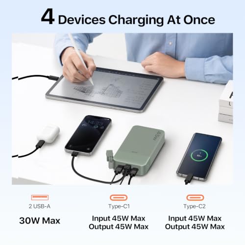 JUOVI Power Bank 45W 20000mAh Portable Charger with Detachable Cable | USB C Fast Charging with 4 Ports, LED Display External Battery Pack for iPad Tablet Switch iPhone Samsung etc - color: Green