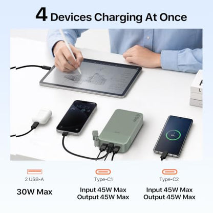 JUOVI Power Bank 45W 20000mAh Portable Charger with Detachable Cable | USB C Fast Charging with 4 Ports, LED Display External Battery Pack for iPad Tablet Switch iPhone Samsung etc - color: Green