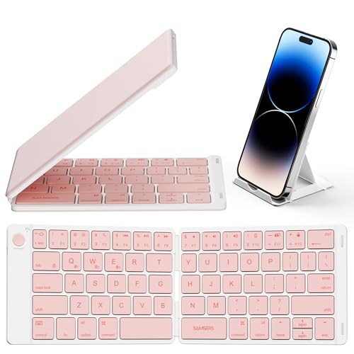 Samsers Bluetooth Foldable Keyboard - Wireless Portable Folding Keyboard, Full-Size Ultra-Slim Rechargeable Connect Up to 3 Devices for iOS, Android, Windows Phone, Tablet, Laptop - Pink - color: Pink, size: BT x 3