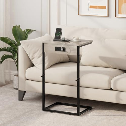 C Shaped End Table with Charging Station, Adjustable Height Side Table for Couch,Small Side Table Small Spaces,33.2'' Tall Couch Tables that Slide Under, Tv Tray Table for Living Room, Greige - color: Greige (1 Pack), style: With Plug