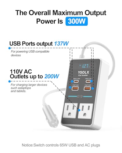 YSOLX 300W 12V to 110V Car Power Inverter | 65W USB-C,4 USB Post,Dual AC Car Plug Adapter Outlet,LED display.Suitable for Car Trips, Camping,Laptop - color: white