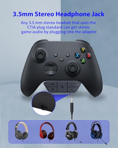 Headset Adapter for Xbox One/Series X/S/Elite Controllers, Stereo Gaming Headphone Adapter with 3.5mm Jack Support, Volume & Chat Mixer Control, Mic Mute Function
