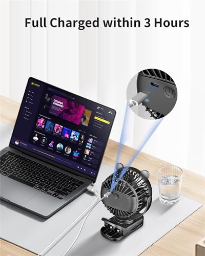 GOTOTO Clip on Fan, Rechargeable Portable Personal Small Fan with 2000mAh Battery Operated, Powerful Clip Design, 3 Wind Speed, 360° Rotation, Ultra-Low Noise Level for Travel - color: BLACK