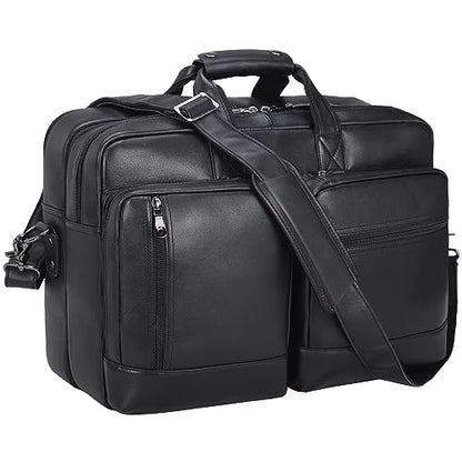 Masa Kawa Expandable Leather 17" Laptop Travel Messenger Duffel Bag Men | Large Overnight Weekend Business Trip Duffel Bags with Luggage Strap, Crossbody Shoulder Computer Briefcase - color: Black