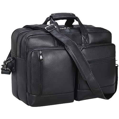 Masa Kawa Expandable Leather 17" Laptop Travel Messenger Duffel Bag Men | Large Overnight Weekend Business Trip Duffel Bags with Luggage Strap, Crossbody Shoulder Computer Briefcase - color: Black